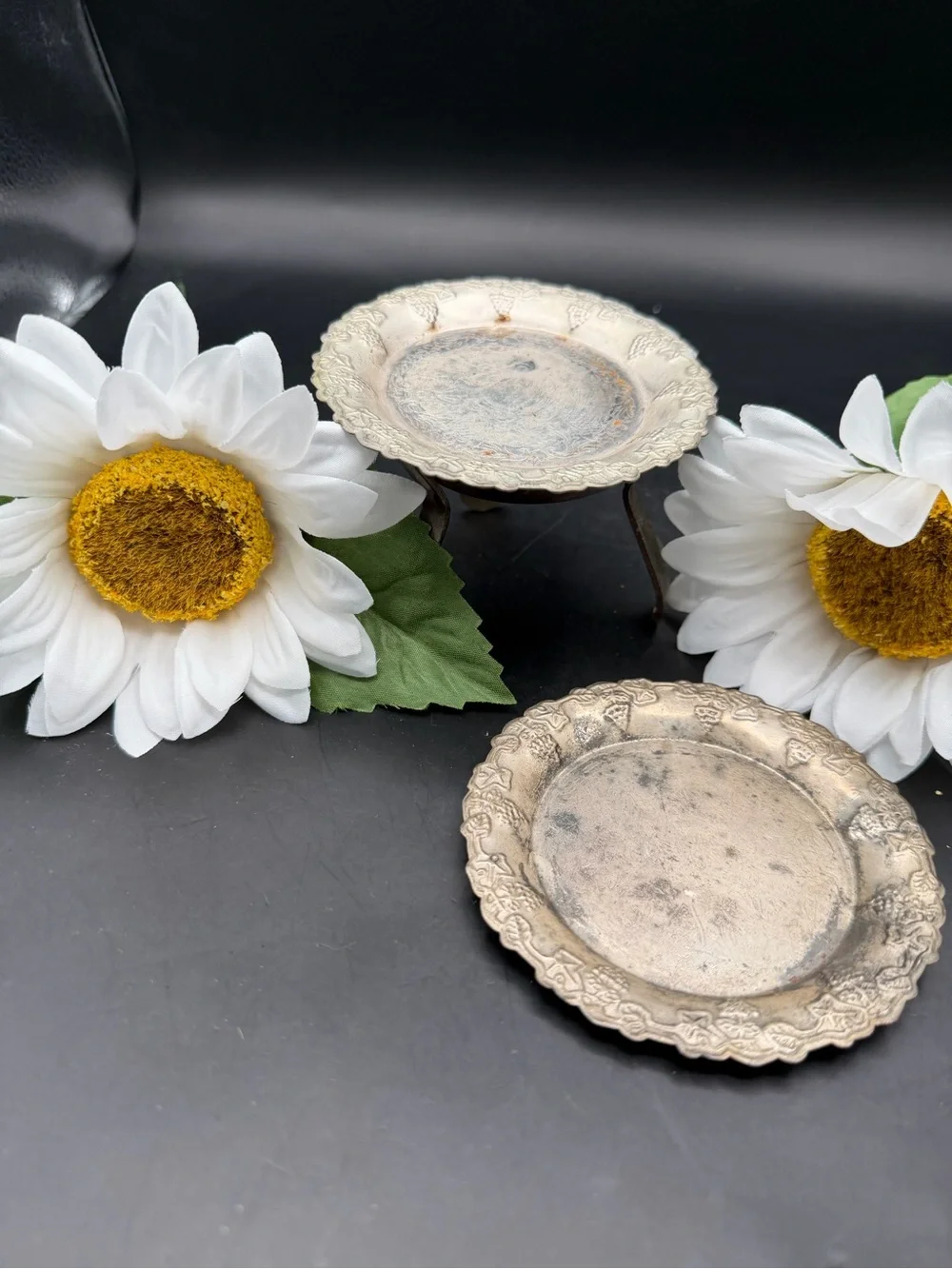 Vintage Ornate Silver Plated Decorative Wine Coasters with Stand- Set of 2